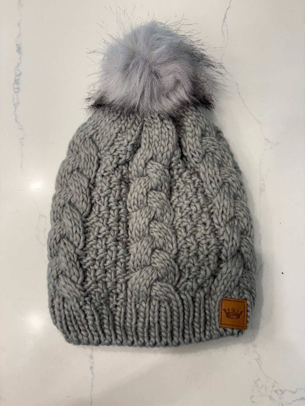 Panache Grey braided knit Beanie Hat With Light Grey Pom
